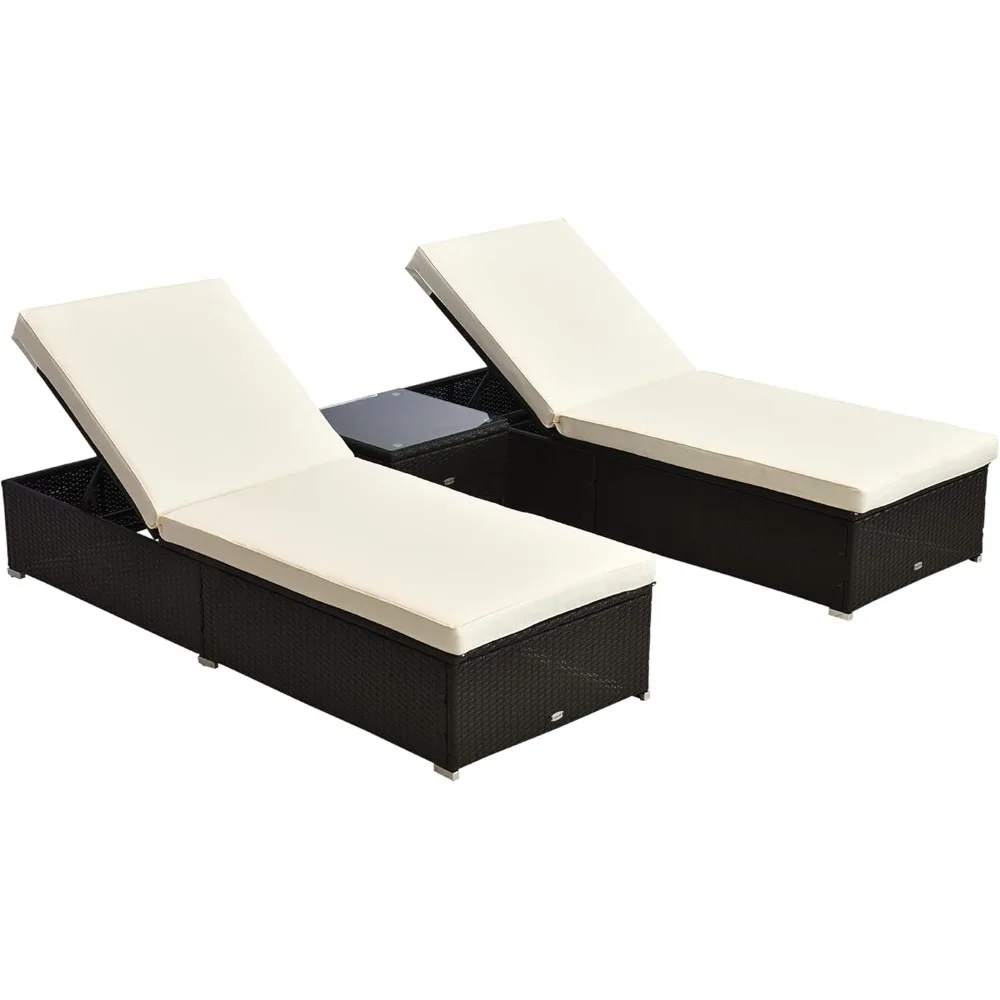 Lounge Chair Set of 2 with 5 Angle Backrest, Outdoor Coffee Table, Water Repellent Cushions, PE Rattan Wicker Poolside Chairs