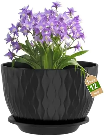 

12' Large Plant Pots with Drainage Holes, Plastic Planter for Indoor/Outdoor (Black)