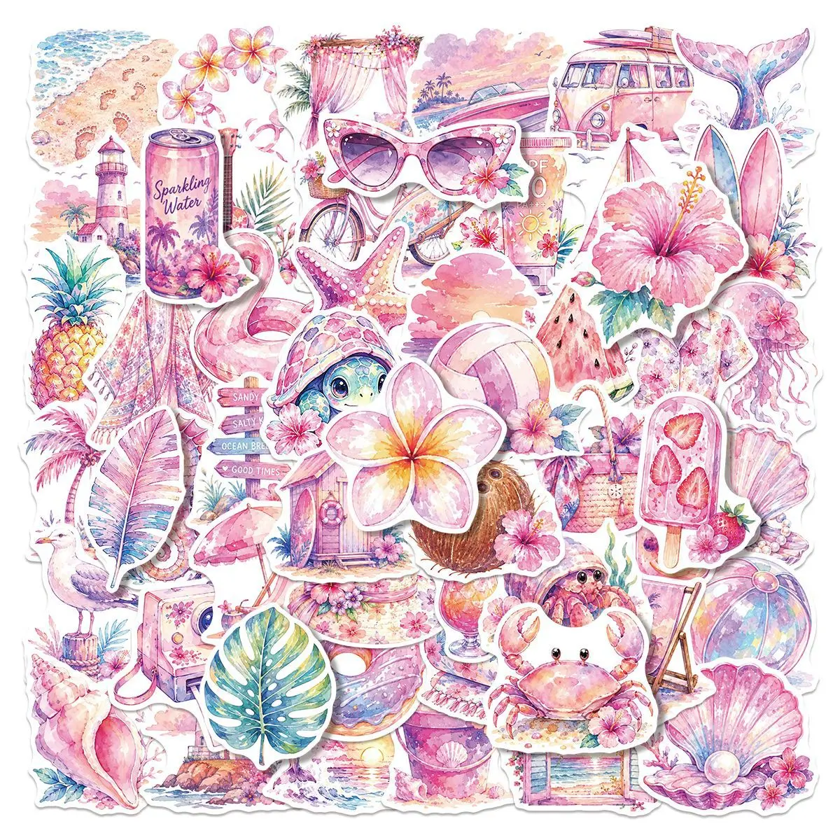 60-Pack Macaron Pink Sunset Beach Vacation Stickers Waterproof Floral Shell Whale Wave Decals for Guitar Notebook Stationery