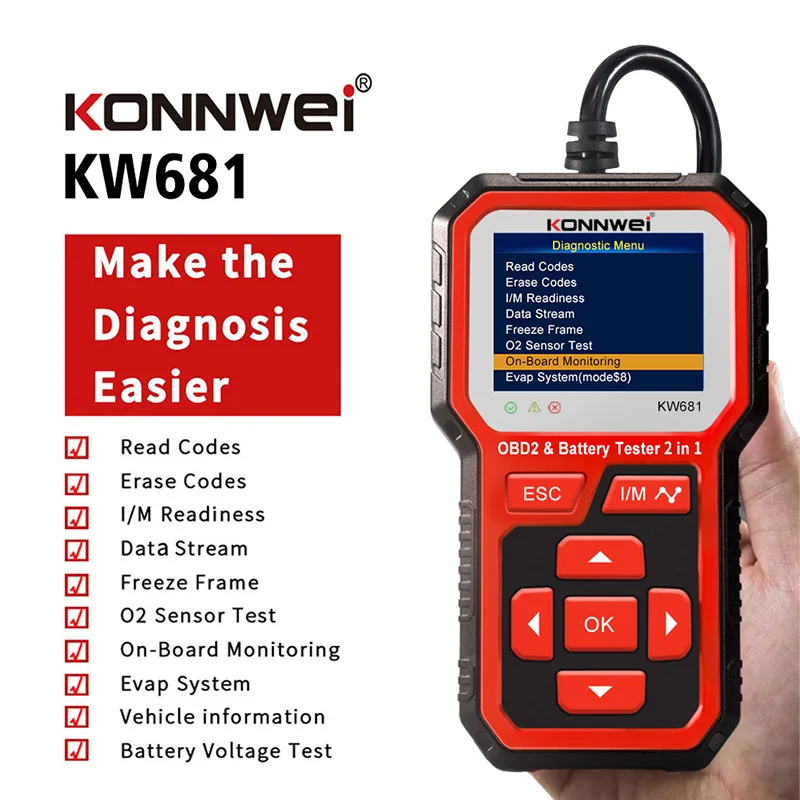 KONNWEI KW681 6V 12V Car Motorcycle Battery Tester Life Analysis Auto Diagnostic Tools 2000CCA Car Diagnostics Full OBD2 Scanner