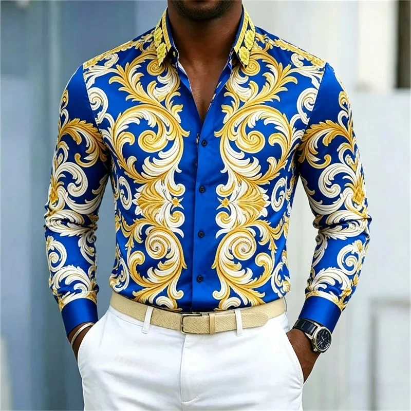 2026 New Men's Shirt Baroque Style Men's Shirt Red Bottom Gold Beast Pattern Printed Top Shirt Business Casual Men's Shirt