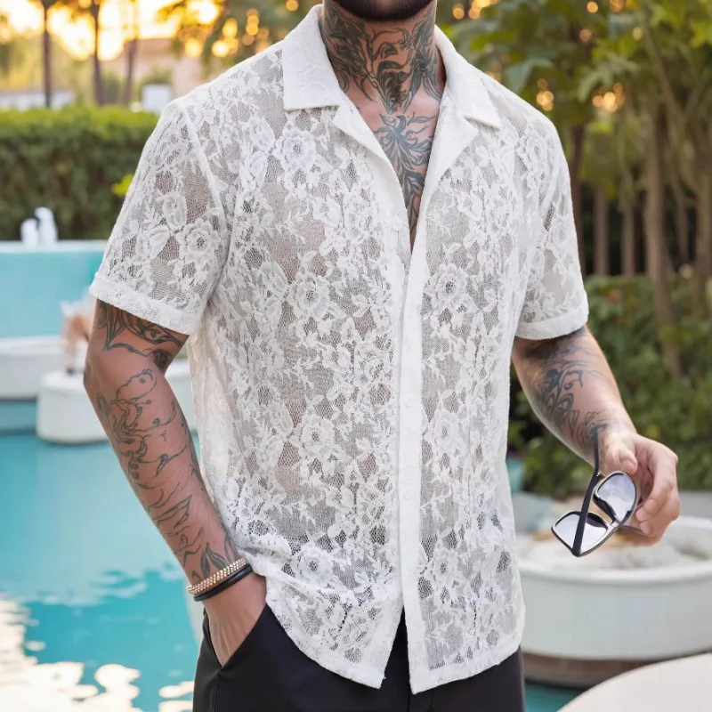 Men Hollow Floral Lace Short Sleeve Shirt See Through Button Down Vacation Casual Lapel Top For Summer European American Style