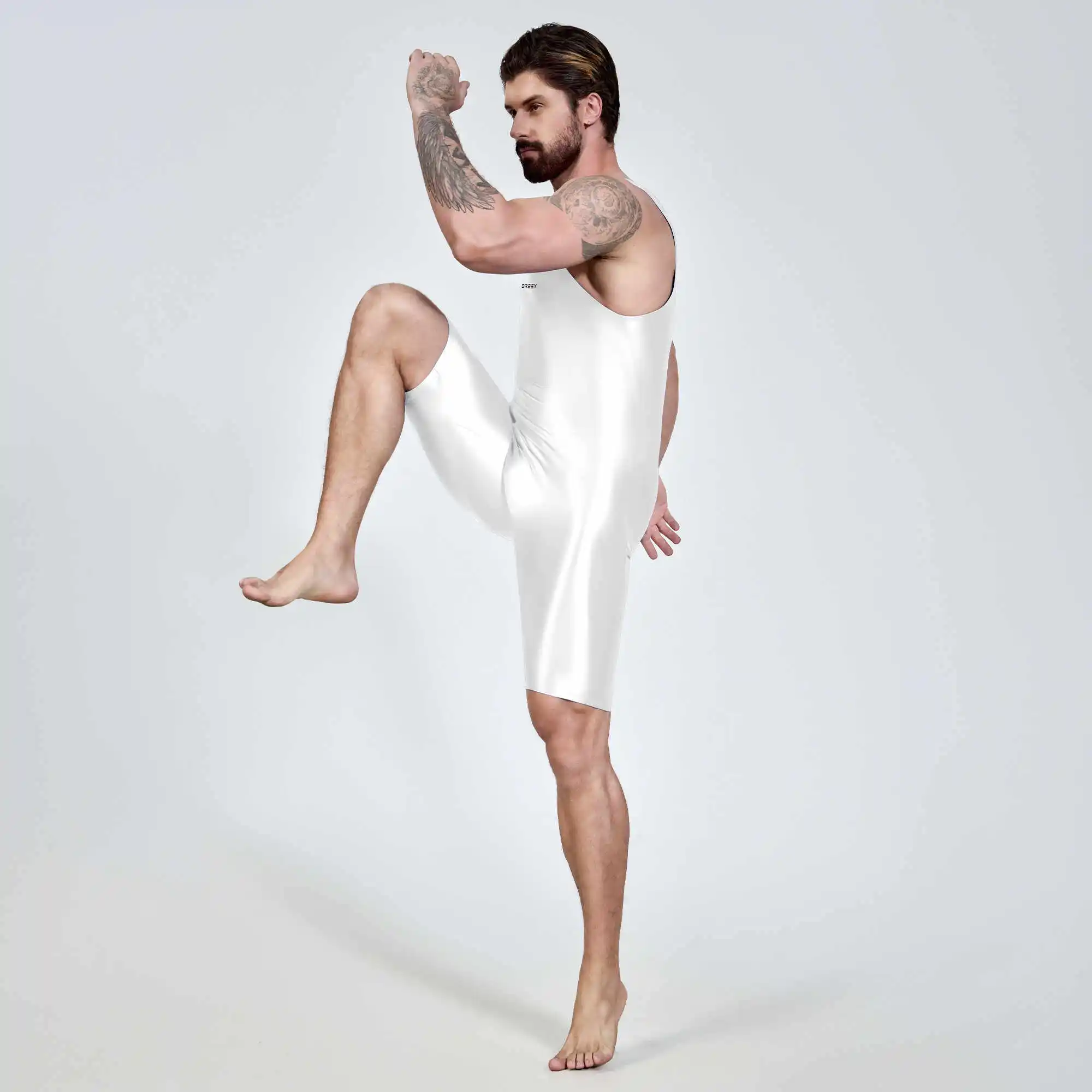 AMORESY Satin-glatter Herren-Jumpsuit, seidenglatter Surfanzug, Yoga-Sportbekleidung, Weste, fünfteiliger Jumpsuit – Detail 7