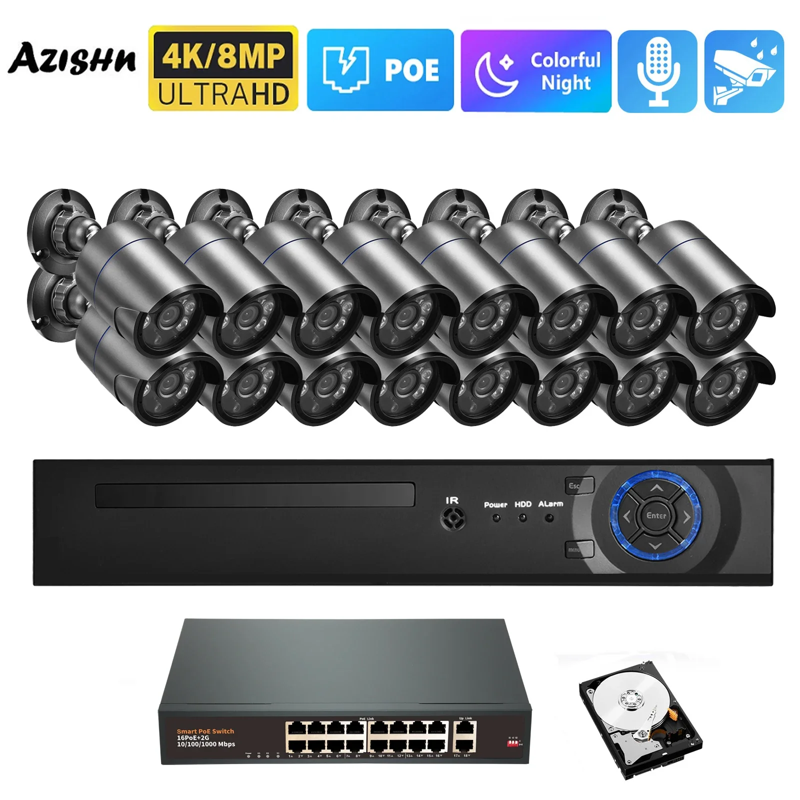 4K H.265 16CH 8MP POE камера система полноцветная ночное видение обнаружение человека 4MP аудио система видеонаблюдения