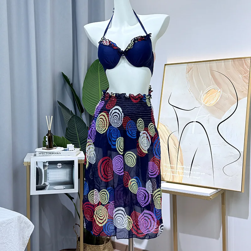 Sexy impressão halter tie push up bikinis conjuntos 3 pçs com saia enrugada maiô doce praia outfits biquini tankini maiô