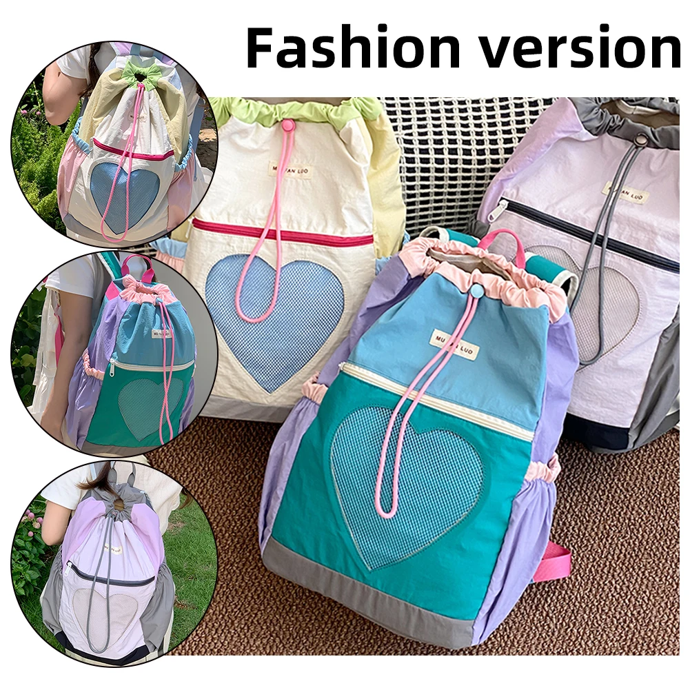 Cute Kawaii Backpack for Women Girls Color-Block School Bag Nylon Drawstring Bookbag Adjustable Strap Rucksack for Travel School