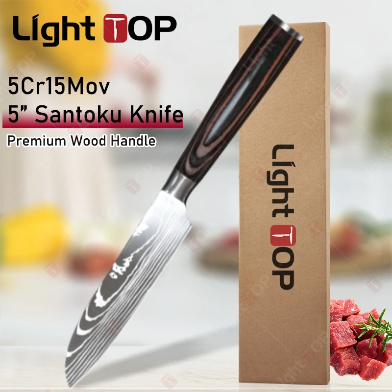 

5-inch Small Santoku Knives Stainless Steels Chef Knife Meat Cutting and Peeling Multifunctional Fruit Knife with Wooden Handle