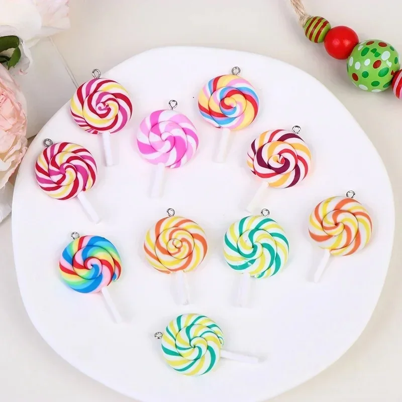 10Pcs Girls Lovely Random Color Soft Clay Lollipop Charms Simulation Candy Pendants For Handmade Necklace Earring Decor - view 4