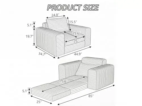 

45 Inch Corduroy Convertible Floor Sofa Bed With Wide Armrests, High-Density Foam, No Assembly, Beige