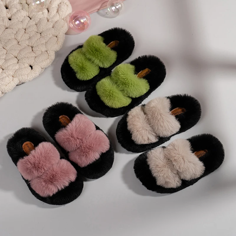 

Girls Slippers with Sweet Plush Shoes Open Toes Chic Kids Warm Shoes Comfort 2025 Winter New Children Casual Slippers Open Toes
