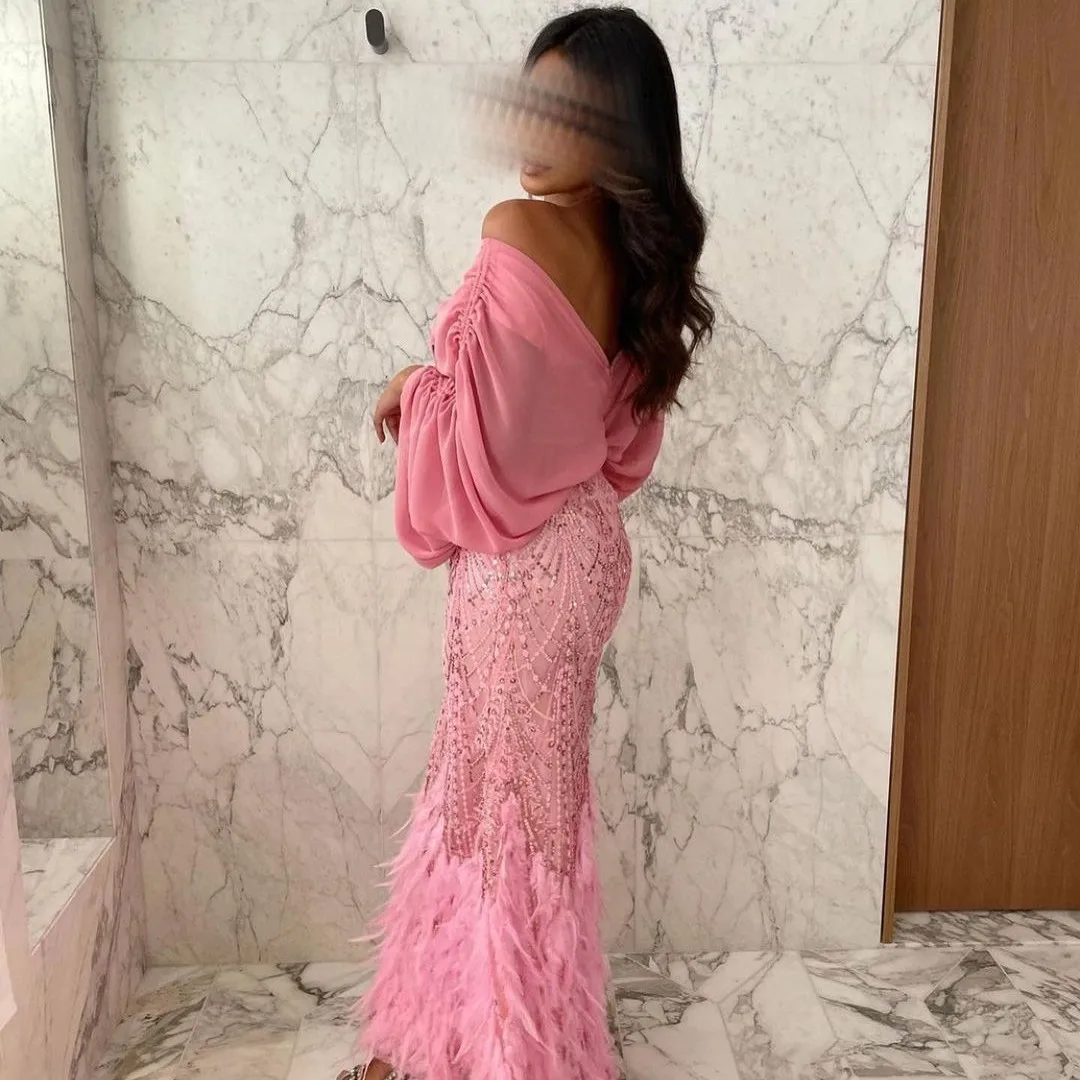 Meetlove Customized V-Neck Prom Dresses Zipper Up Pink Garden High Fork Ankle-Length Beaded Tulle Girls Full Sleeveless 2023