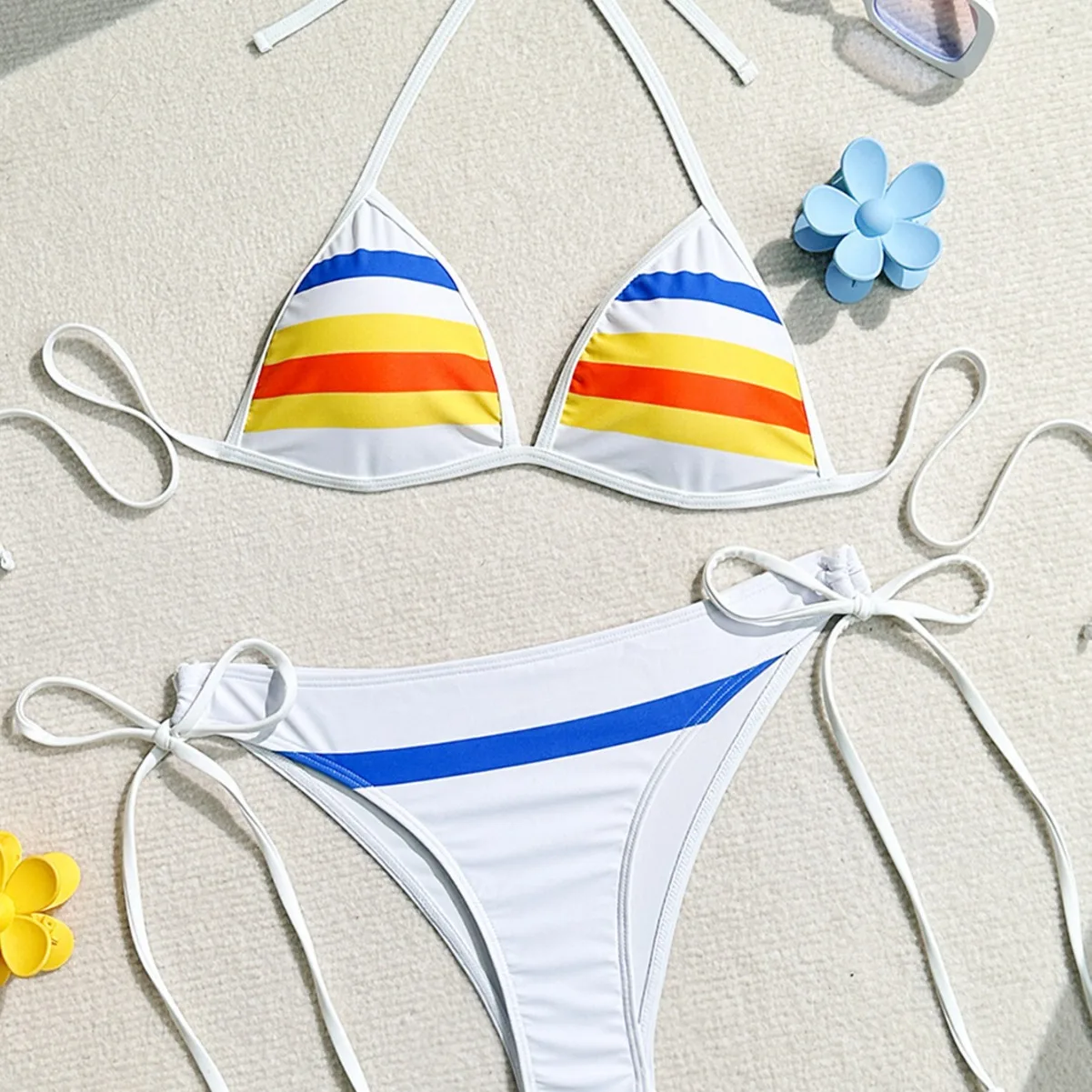 Seksowne tęczowe paski Halter Strappy Bikini damski strój kąpielowy damskie stroje kąpielowe dwuczęściowy zestaw bikini kąpiący strój kąpielowy pływać