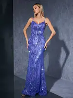 Mgiacy vestido largo adelgazante con cola de pez cruzada y espalda descubierta sexy con lentejuelas y cuello en V sin tirantes