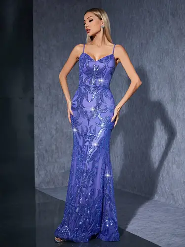 Mgiacy vestido largo adelgazante con cola de pez cruzada y espalda descubierta sexy con lentejuelas y cuello en V sin tirantes