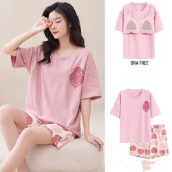 Pajamas with Corset Ladies Short-Sleeved Shorts Solid Colour Pink Love Pattern Can Be Worn Outside Home Wear Black Striped Suit