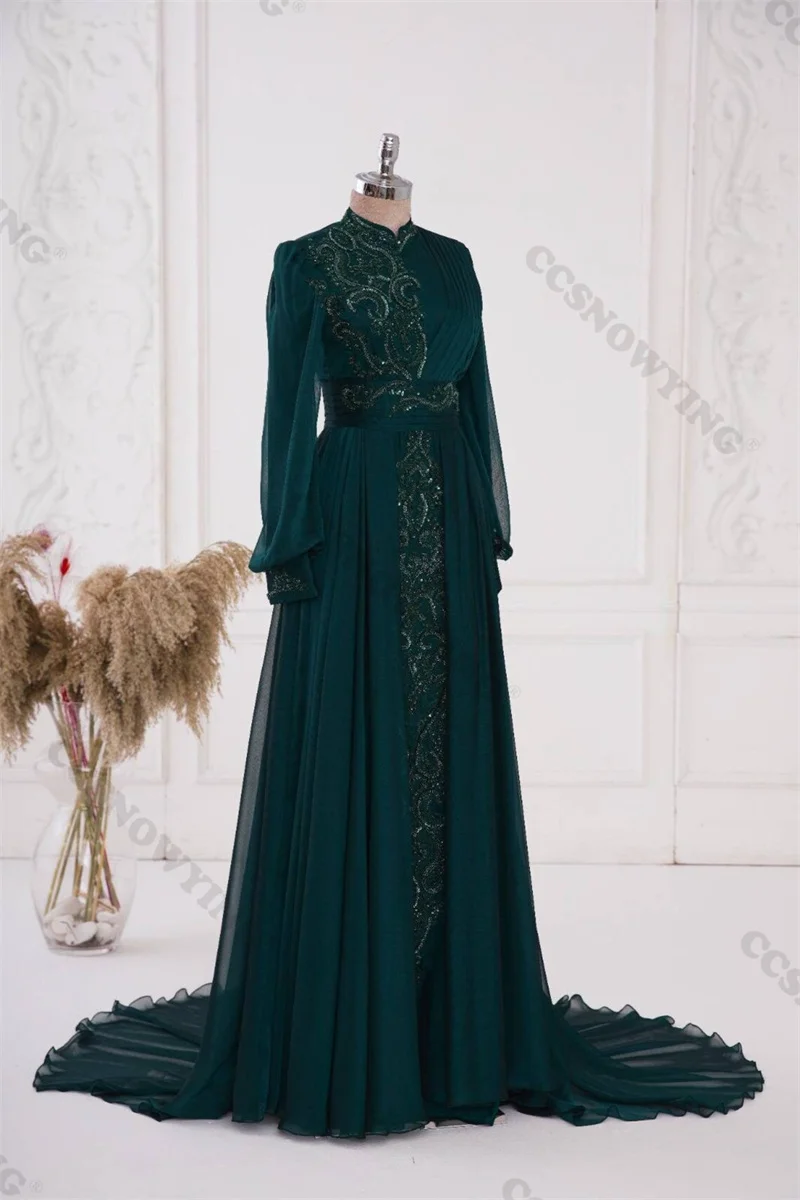 Green Chiffon Appliques Muslim Hijab Evening Dresses Arabic Dubai Long Sleeve Women Formal Party Gown A Line Moroccan Caftan