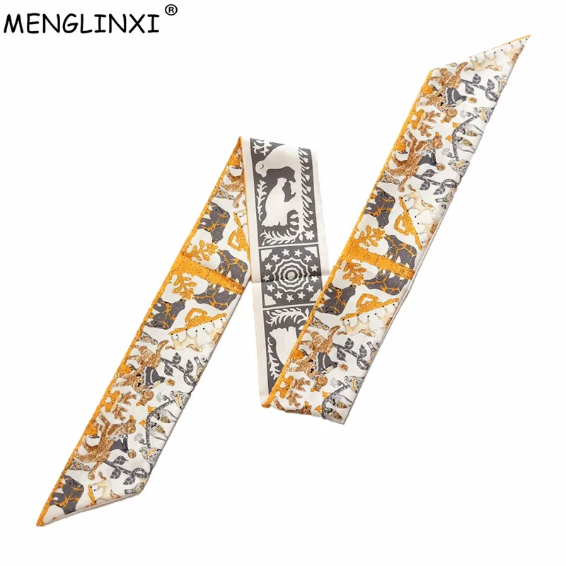 2024 New Skinny Scarf Dog & Horse Print Silk Scarf Women Bag Ribbons Female Head Scarves & Wraps For Ladies Fashion Head Band