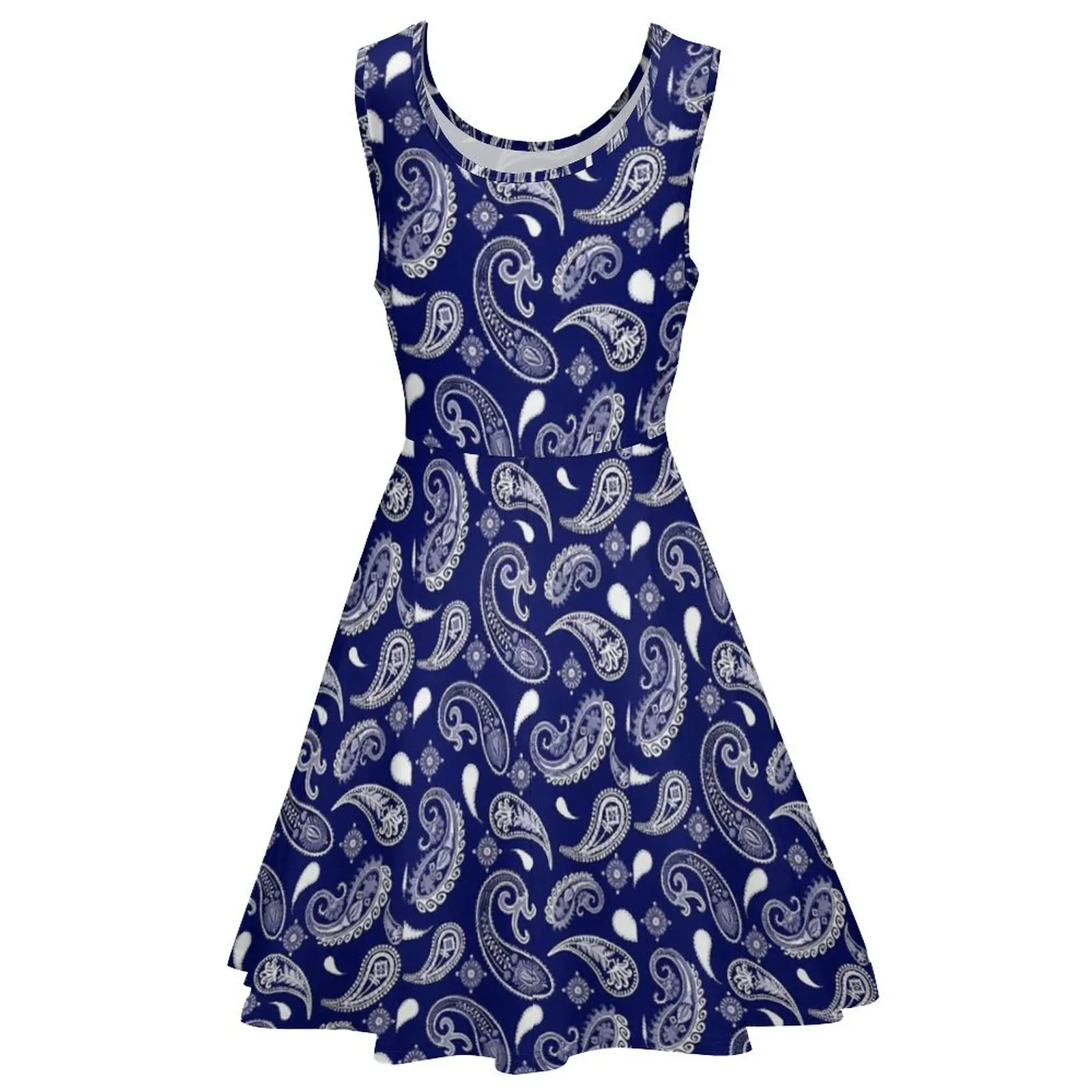 Retro Paisley Print Dress Blue And White Sexy Dresses Sleeveless Korean Fashion Skate Dress Women Vestidos Birthday Present