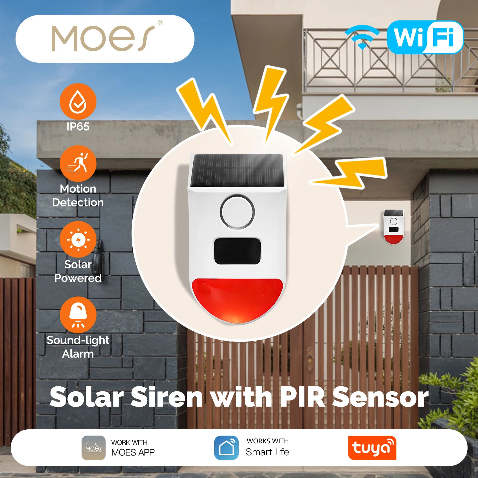 إنذار صفارة الإنذار الذكي في الهواء الطلق MOES، صفارة إنذار WiFi تعمل بالطاقة الشمسية 120 ديسيبل مع جهاز تحكم عن بعد ومستشعر PIR، مقاوم للماء، يعمل مع Alexa Google Home #1