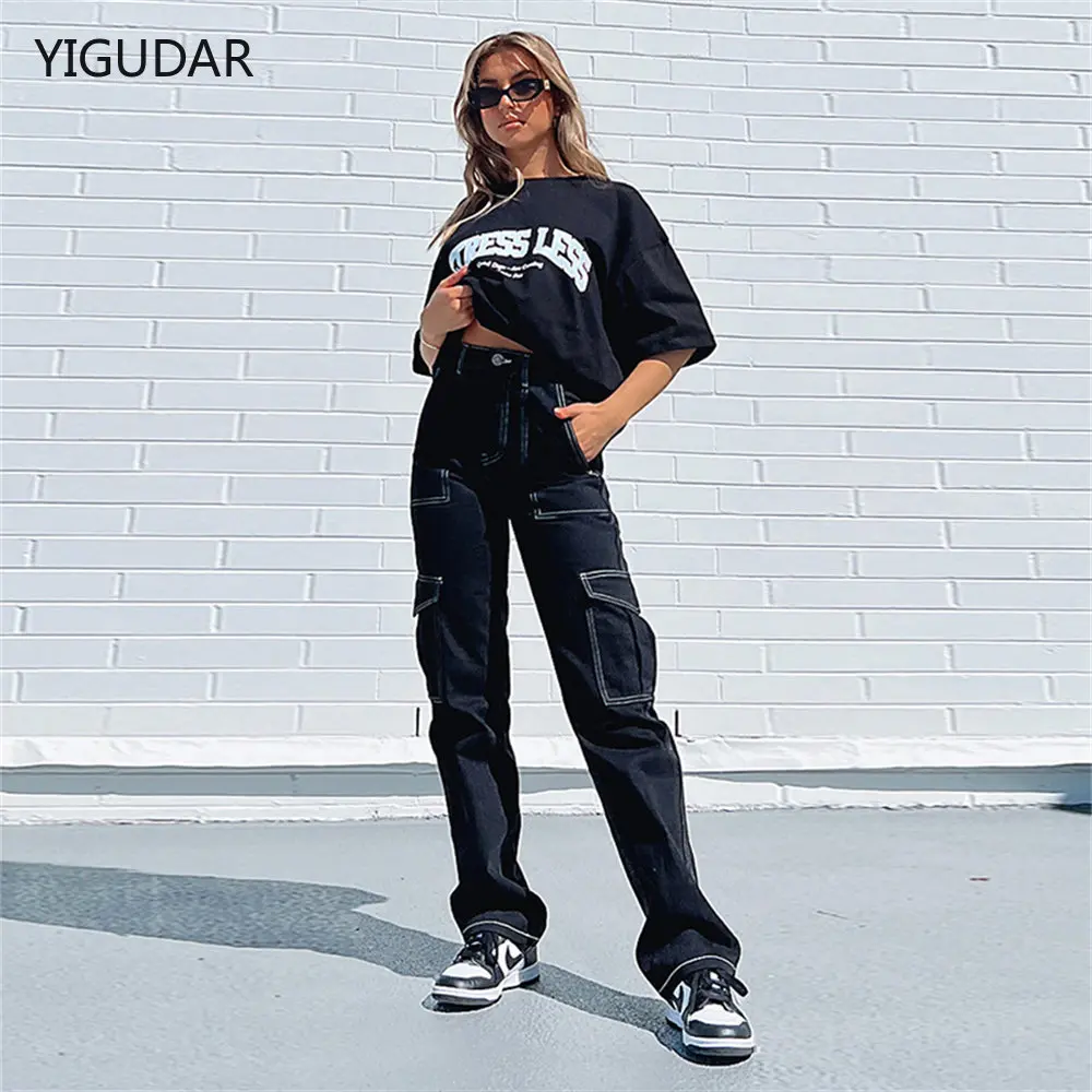 

Black vintage cargo Jeans Women's 2022 y2k Streetwear Loose high waisted jeans Straight Wide Leg cargo Jeans Women's pants