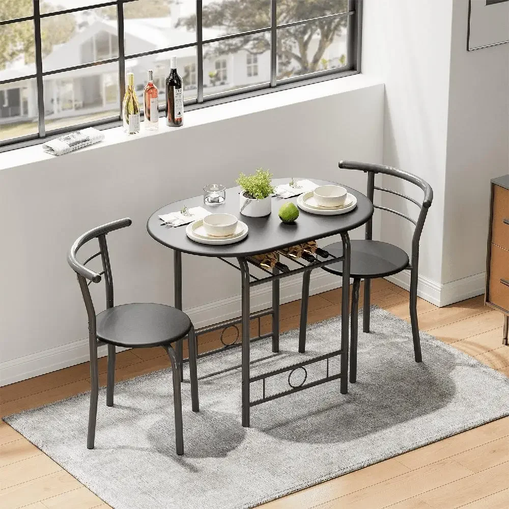 Modern 3-Piece Dining Table Set Space-Saving Wooden Chair with Wine Rack Breakfast Bistro Set Black Metal MDF Construction Home