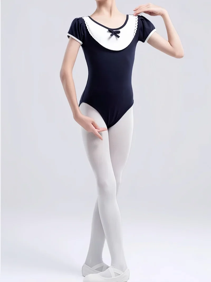 S.lemon Kinder Mädchen Tanztrikot aus Peru-Baumwolle im Lolita-Stil, Puppenkragen, Puffärmel, Ballett, Gymnastik, Übungsoutfit