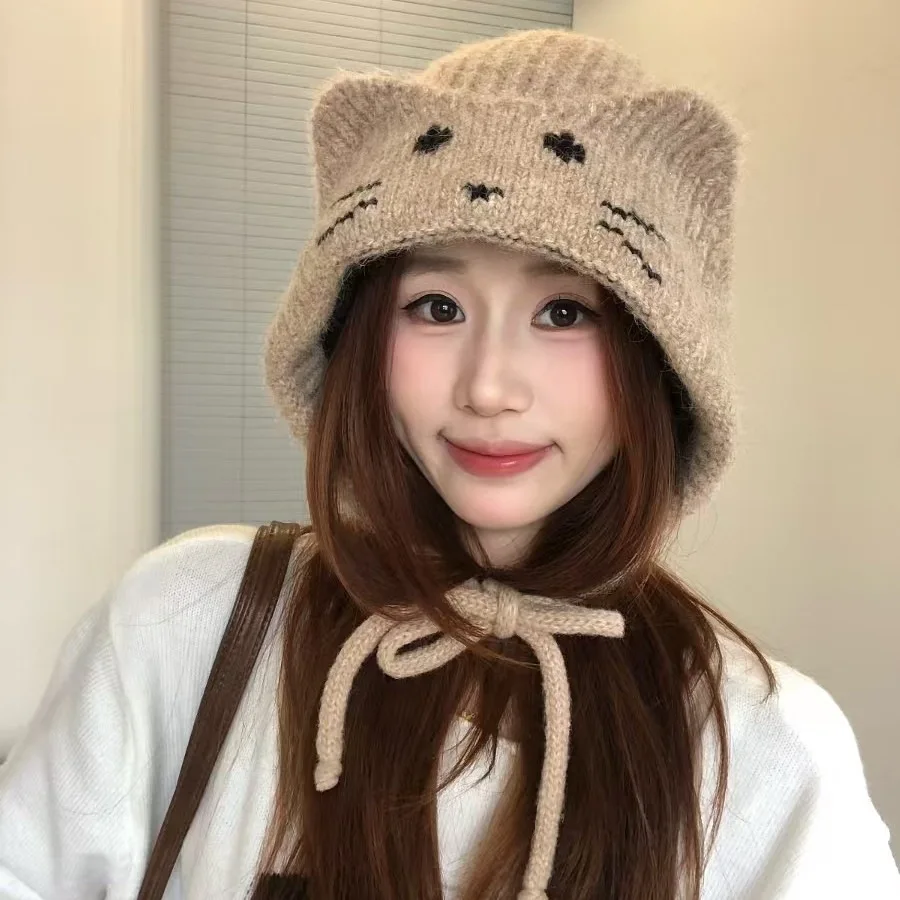 Cat Ears Knitted Beanie Hat for Women Autumn Winter Warm Cat Face Earflap Bonnet Braided Ties Ear Protection Winter Hat