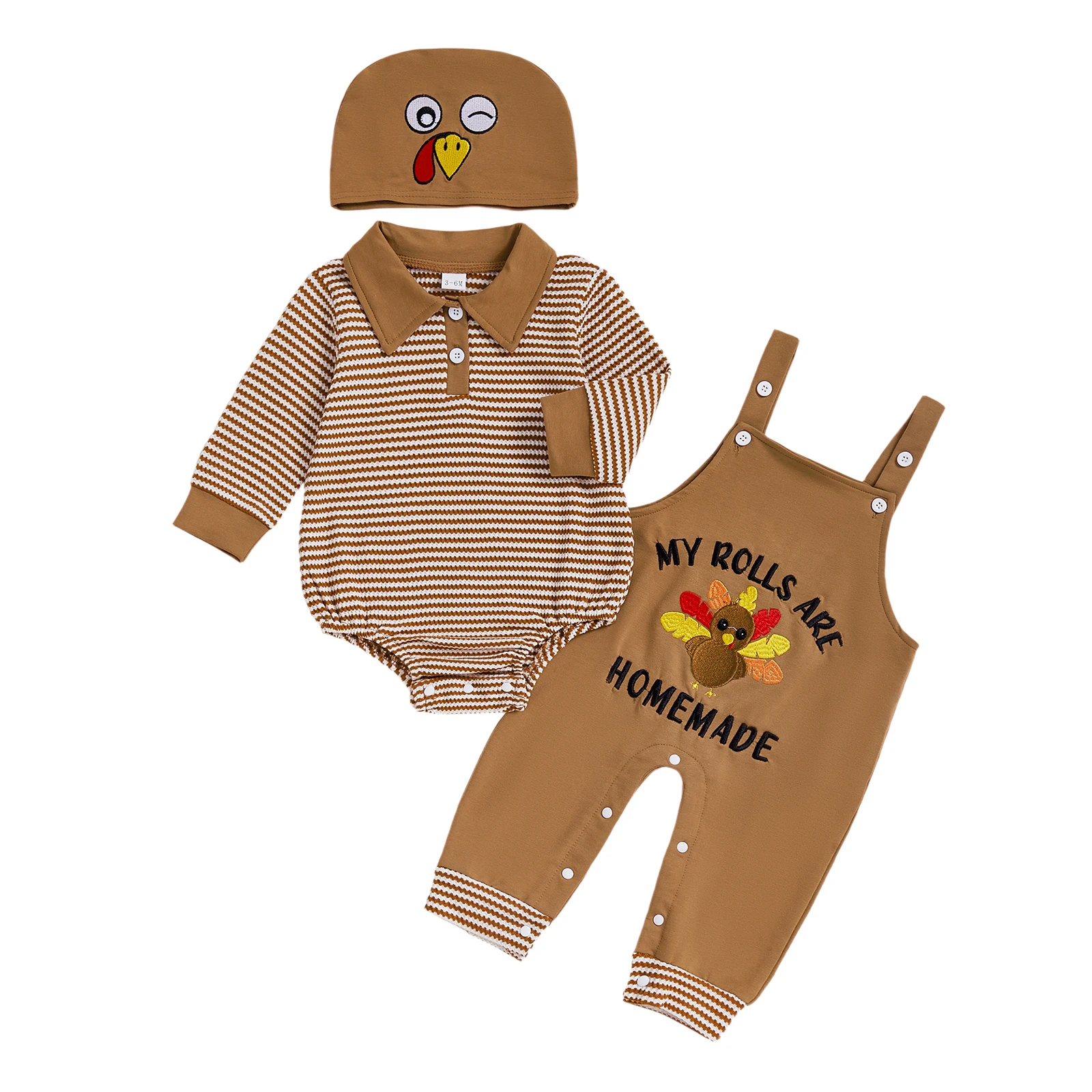 

Baby Boy Thanksgiving Outfit Stripe Long Sleeve Lapel Romper Turkey Embroidery Overalls Suspender Pants Hat 3Pcs Set