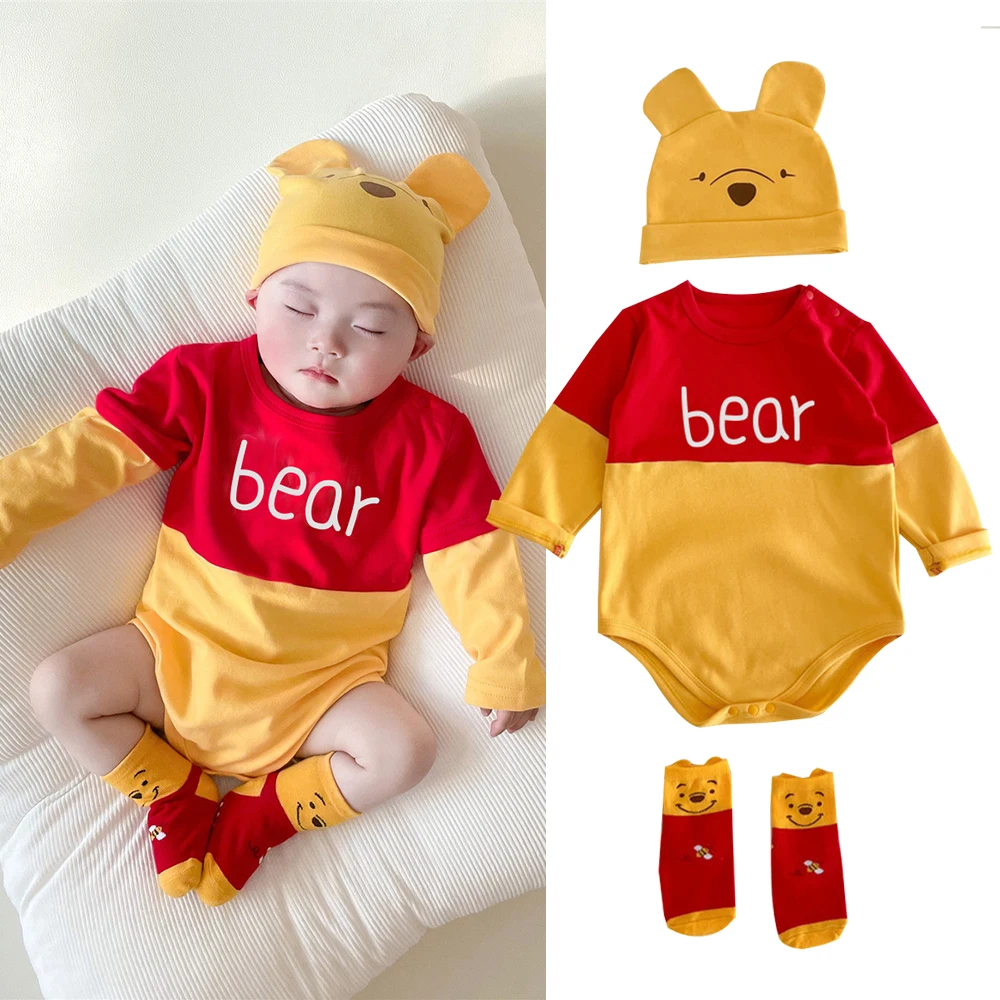 

0-1Y Newborn Romper 2PCS Disney Mickey Mouse Winnie the Pooh Hat with Clothing Spring Autumn Homwear Toddler Halloween Cosplay