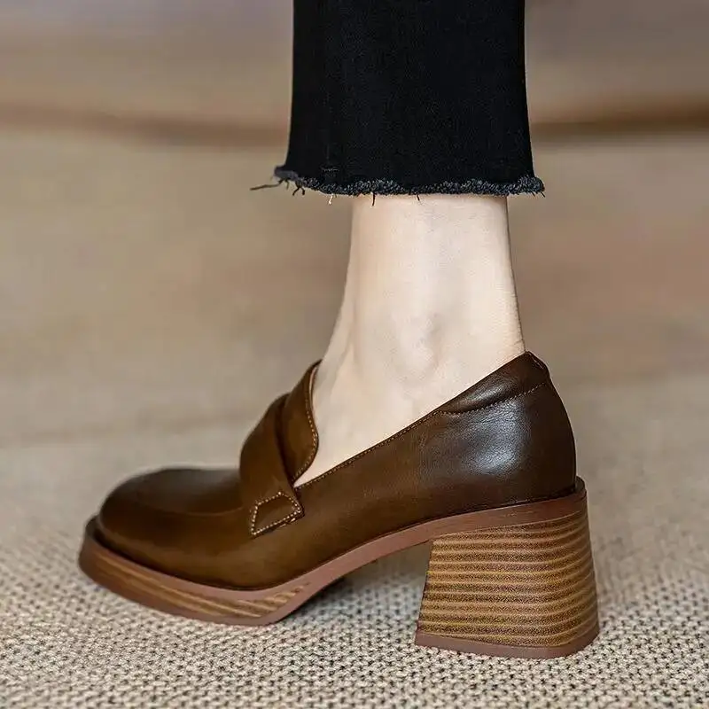 Women's Mid Heel Shoes 2025 New Leather Chunky Heel Loafers Thick-Soled French Minimalist Square Toe High Heel Office Shoes view 2