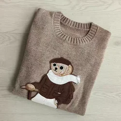 Women's Sweater 2024 Autumn/Winter New Cartoon Bear Embroidered Wool Cashmere Blended Warm Coat Knitted Sweater