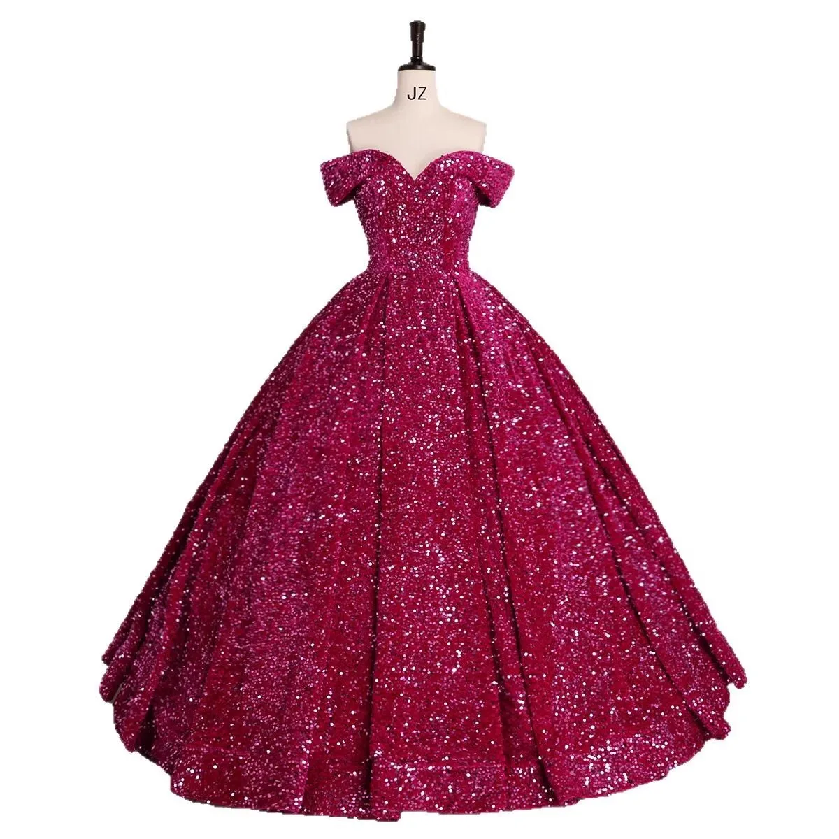 Evening Dress Short Sleeves Sequins Ball Gown Boat Neck Lace Up Floor-Length Sky Blue Party Formal Dresses Women