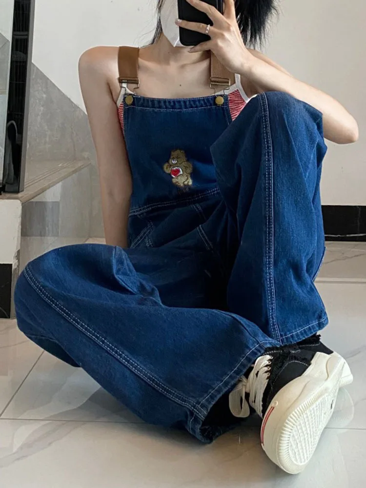 New Cartoon Bear Denim Macacões Mulheres Y2K Macacão Baggy Feminino Vintage Solto Straight Wide-leg Jumpsuit One Piece Outfit