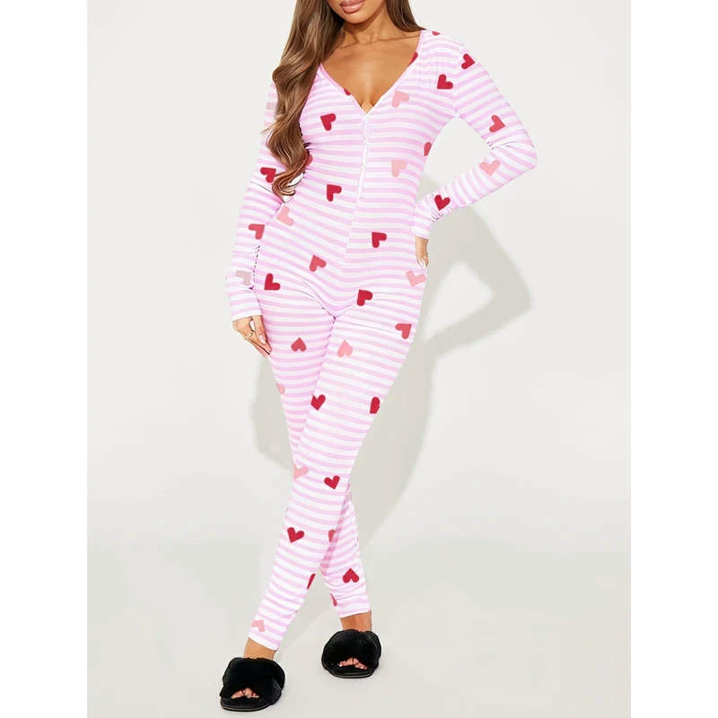 بدلة قفز نسائية بأكمام طويلة لعيد الحب من Combhasaki برقبة على شكل حرف V مخططة على شكل قلب مطبوعة ملابس نوم رفيعة مع رفرف للمؤخرة #1