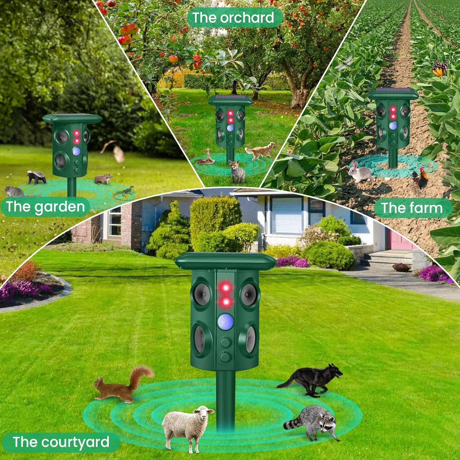 Solarbetriebener Ultraschall-Tierabwehrgerät mit 5 Modi, LED-Stroboskop, PIR-Bewegungssensor, Ratten- und Schlangenabwehr für Garten, Hof und Obstgarten – Detail 6