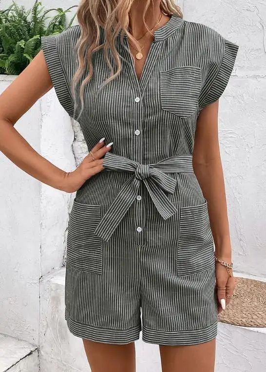 

Bodysuit Women Summer Classic with Color Blocked Striped Print V-Neck Button Front Placket Lace Up Waist Pocket Design Jumpsuit