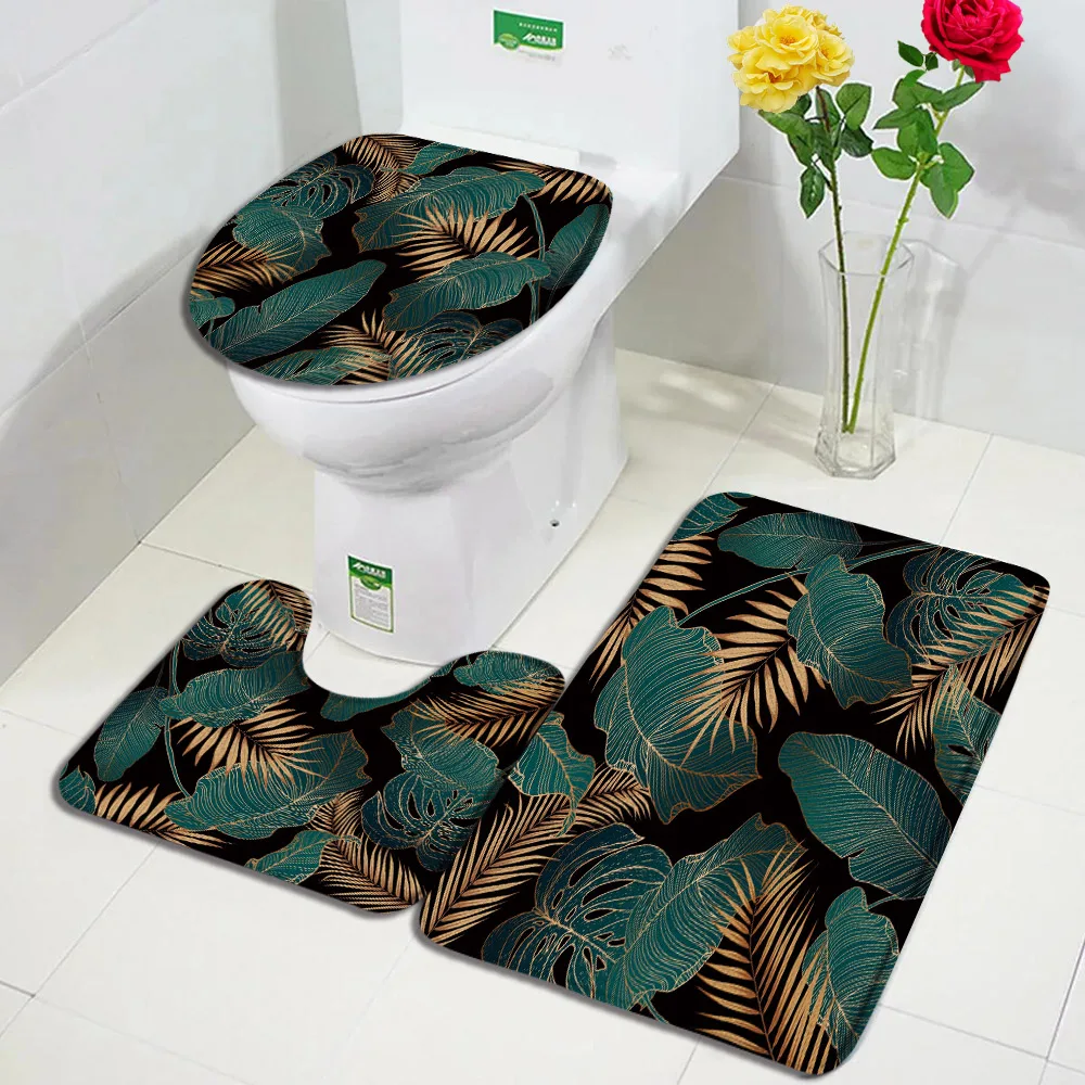 Tropical Leaves Bath Mat Set Green Palm Leaf Monstera Black Carpet Home Bathroom Decor Non Slip Rugs U-shaped Toilet Lid Cover