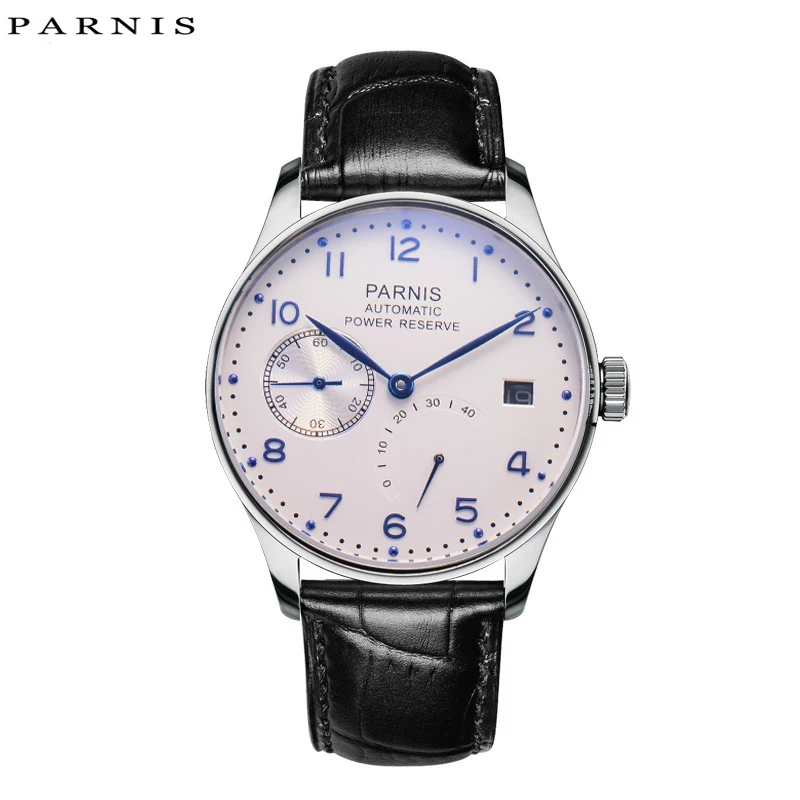 Fashion Parnis 43mm Silver Case Mechanical Men New Watches Leather Strap Calendar Automatic Self Wind Watch For Men reloj hombre