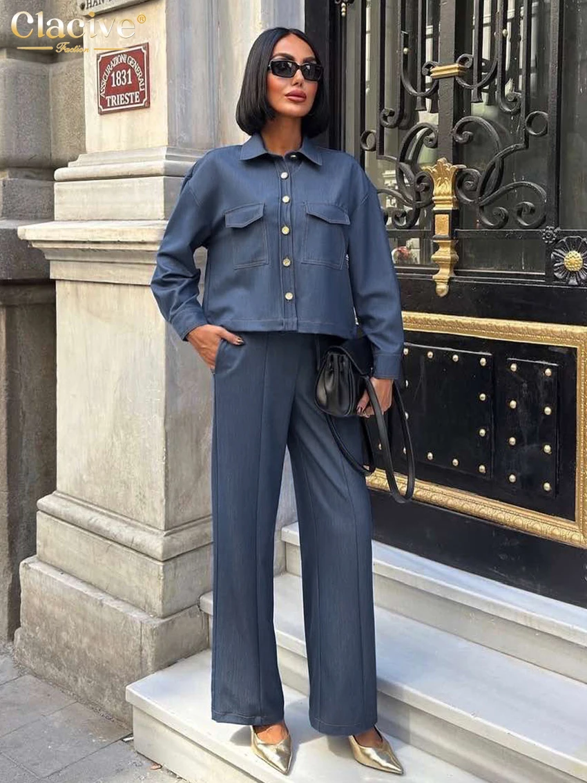 

Clacive Fashion Loose Blue Denim Women's Two Pieces Set 2025 Elegant Long Sleeve Shirt With High Waist Wide Pants Set Female