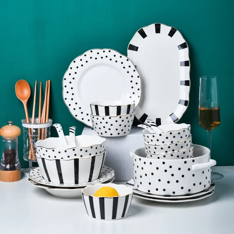 Creative Black and White Spotted Ceramic Tableware Set Porcelain Dinner Plate Soup Bowl Salad Bowl Fish Plate Kitchen Utensils