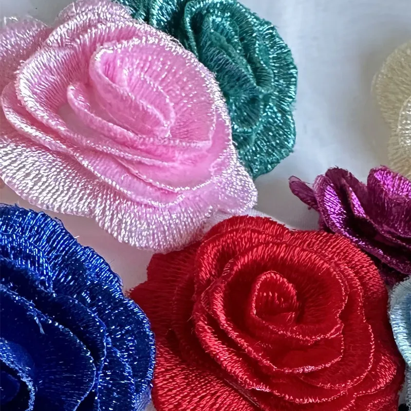 10Ps 3d Small Rose Flower Patches Embroidery Patch Military Applique Sew Clothing Wedding Evening Dress Accessory Gold Blue Red