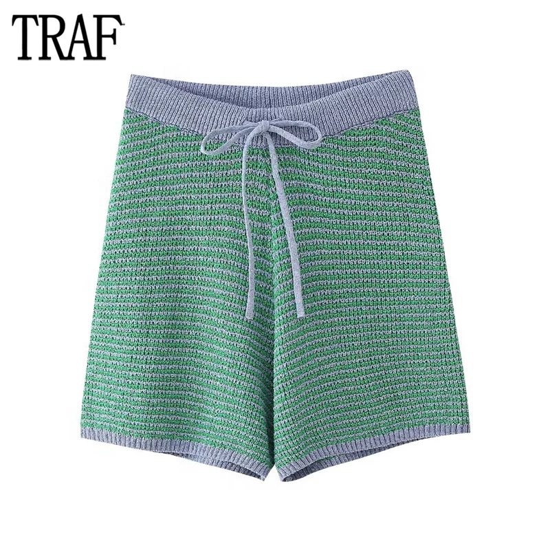 

TRAF High Waist Knit Shorts Women Striped Mini Shorts for Women 2024 Summer Beach Bermuda Shorts Woman Holiday Women's Shorts