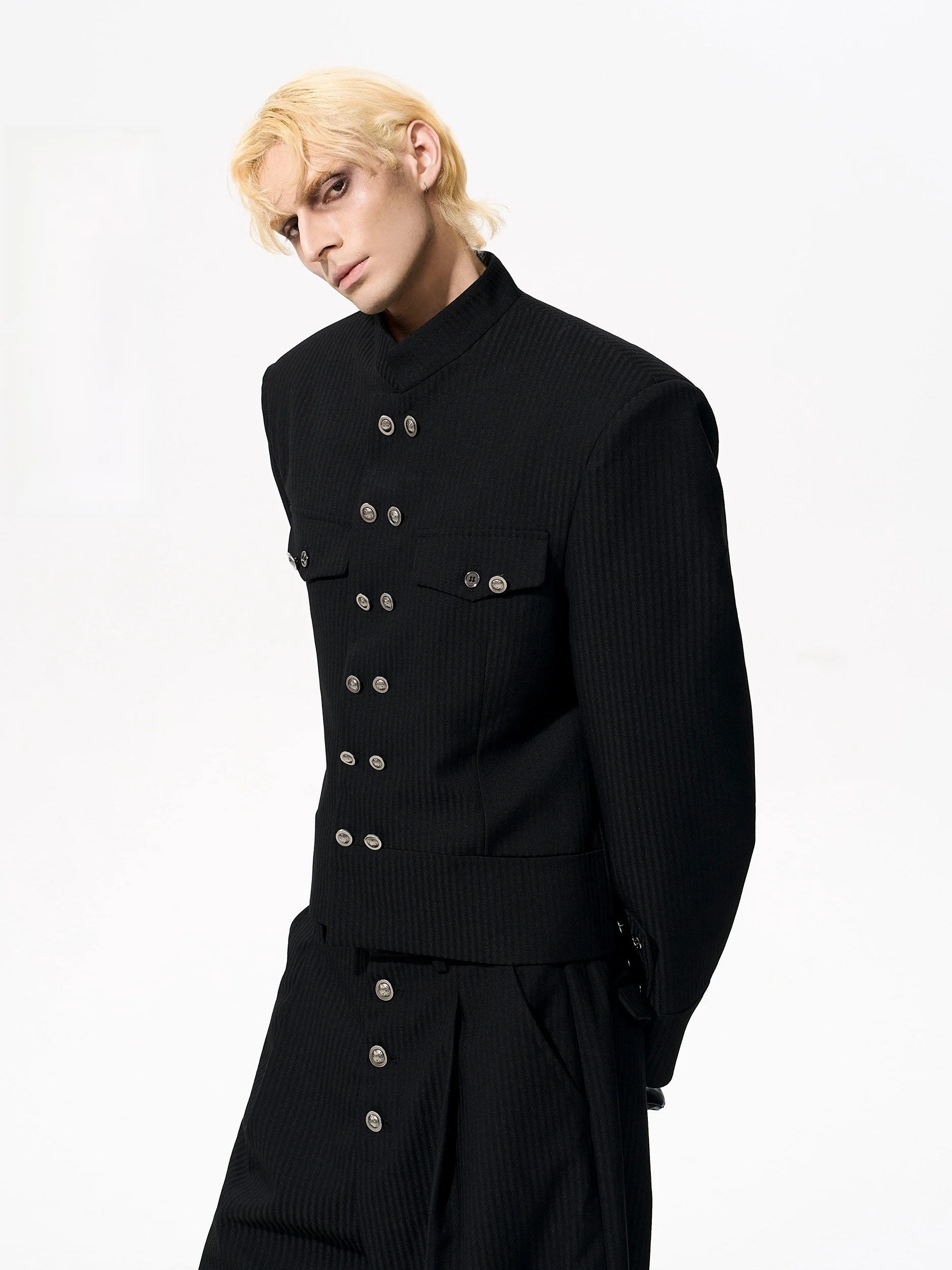 

Start Exceed End Men's Stripe Patterned Stand Collar Double Breasted Suit Jacket Autumn Collection Standard Fit Long Sleeve