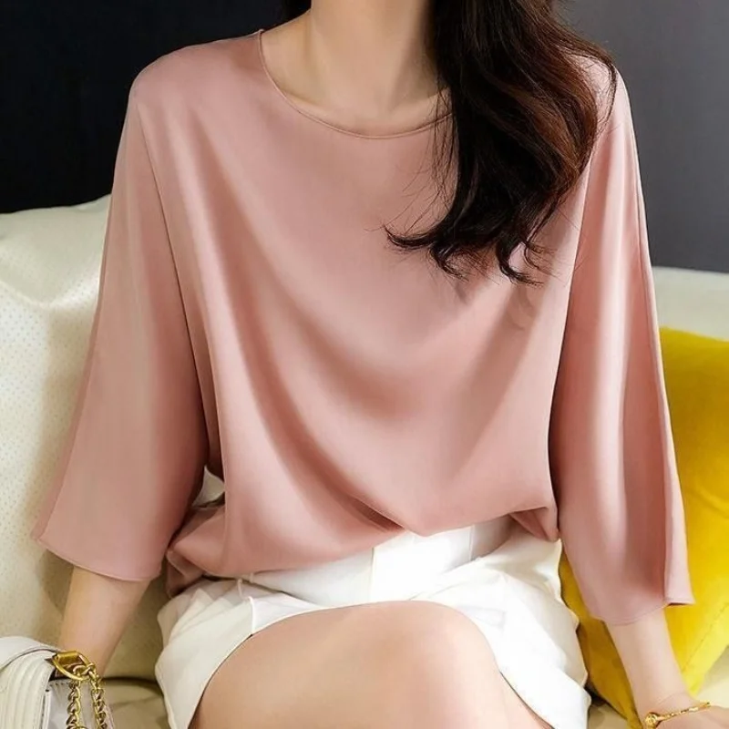 Women Clothing Temperament Loose T Shirts Summer New Half Sleeve O-neck Solid Color Simplicity Office Tops Tees Elegant Fashion