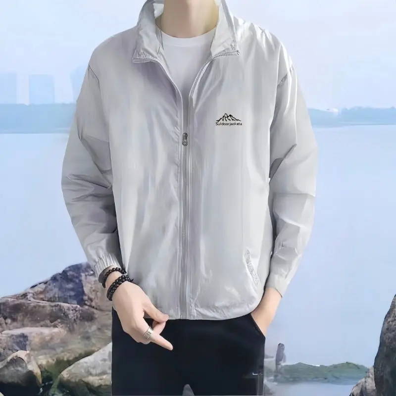 New Sunscreen Men\'s 2024 Splicing Stand Collar Printed Letter Zipper Pocket Fashion Solid Versatile Loose Long Sleeve Jackets