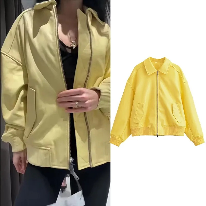 Women's Leather Bomber Jacket New 2026 Spring Fashion Long Sleeve Turn-Down Collar Ribbed trims Women Coat Solid Female Chic Top
