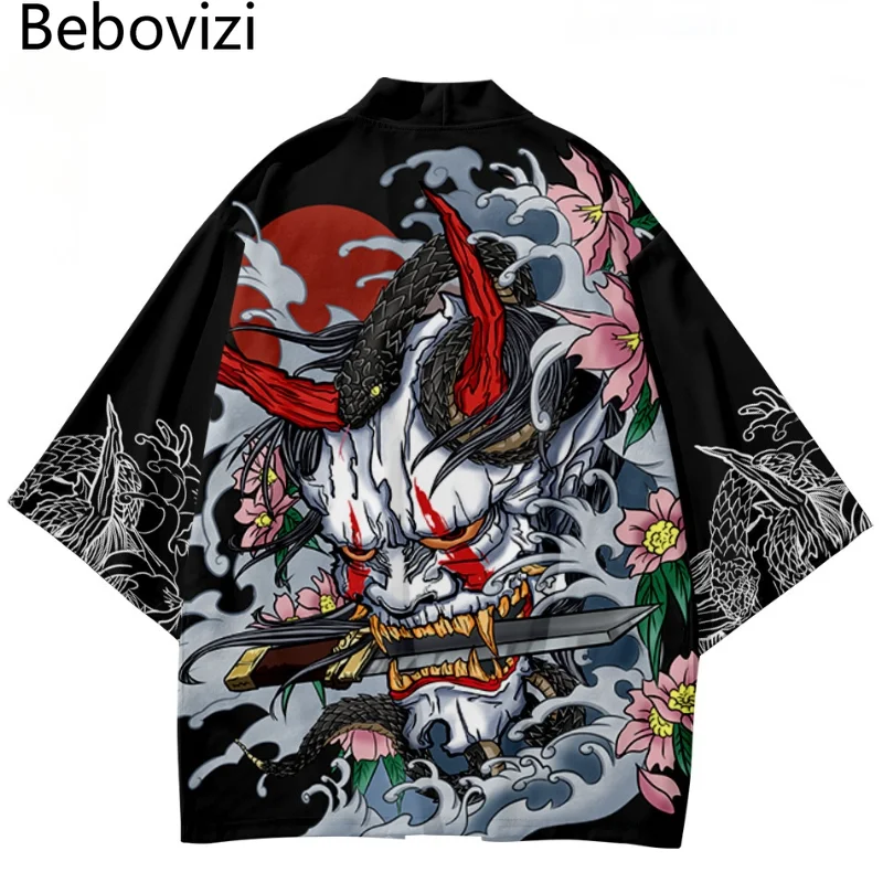 5XL 6XL Japanse Traditionele Demon Print Kimono Pak Cosplay Samurai Haori Obi Vrouwen Mannen Vest Strand Yukata Set Aziatische Kleding