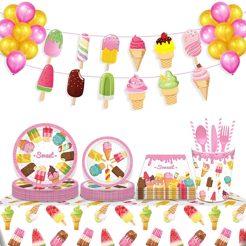 Gelato festa di compleanno decorazione giocattolo per bambini Baby Shower stoviglie usa e getta piatti di carta tazze palloncini bandiera forniture per feste