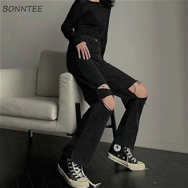 

Jeans Women Denim Baggy High Waist Hole Teens Streetwear All-match Popular Boyfriend Straight Korean Trendy Trousers Hot Sale