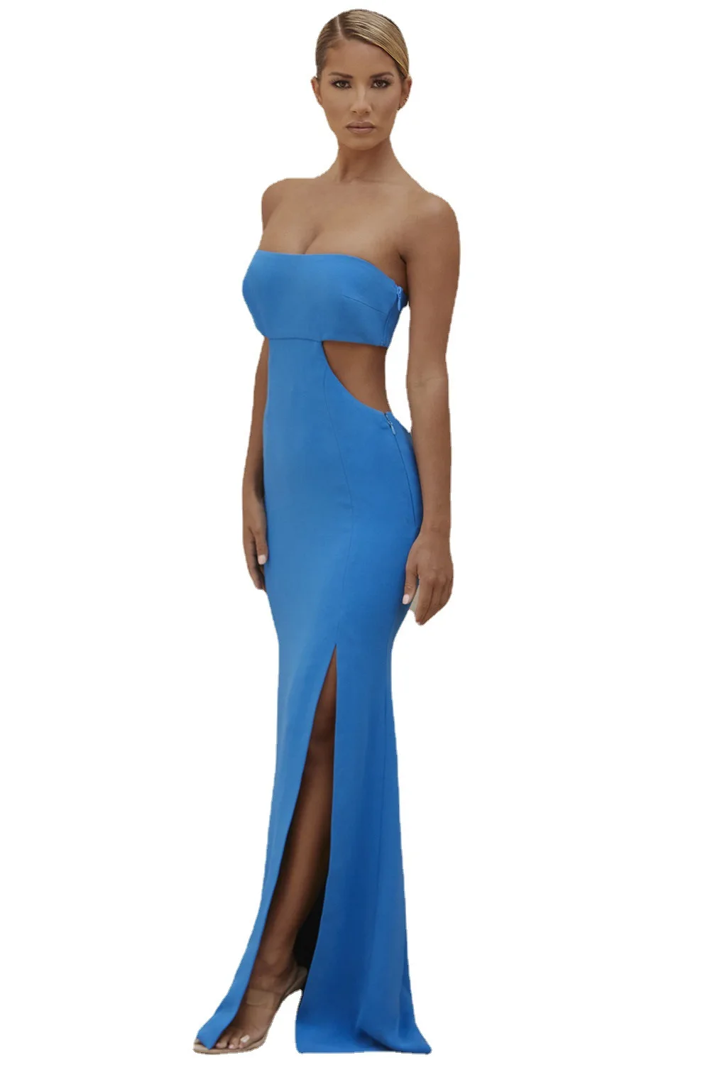 Blue Cut Out Strapless Off The Shoulder Bandage Maxi Long Dress Women Elegant Sleeveless Backless Bodycon Evening Party Dresses